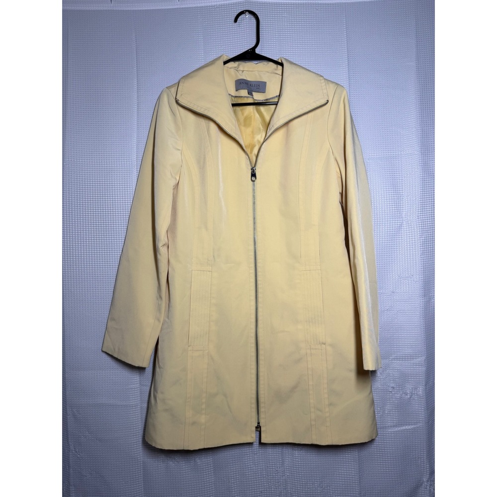 Anne Klein Coat Pale Yellow Zip Front Mid Length Trench Jacket Small Classic